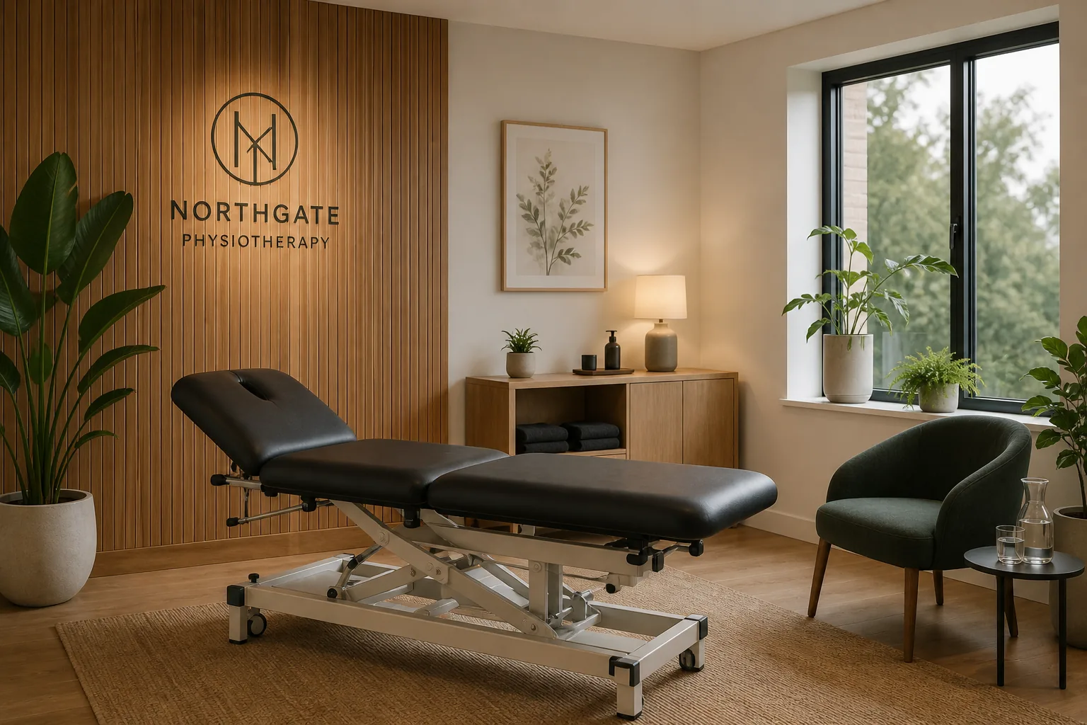The Northgate clinic interior — wood-panelled walls, treatment table, plants