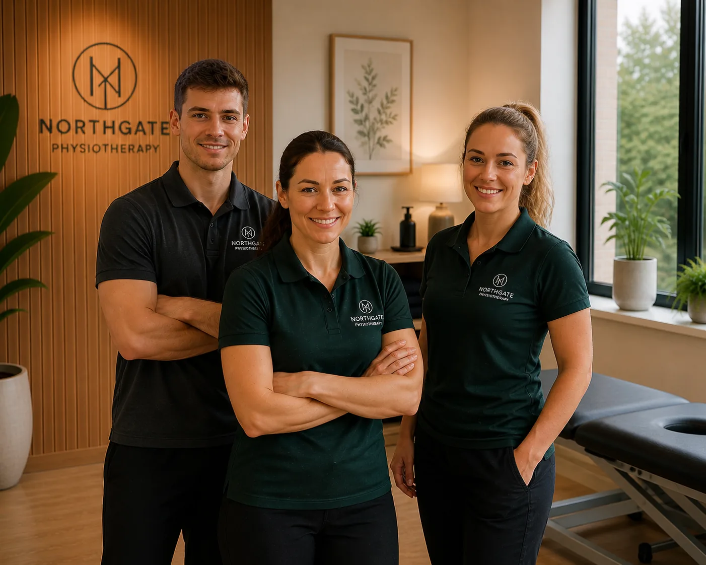 The three Northgate Physiotherapy clinicians — James, Anna and Sophie — standing in front of the clinic feature wall
