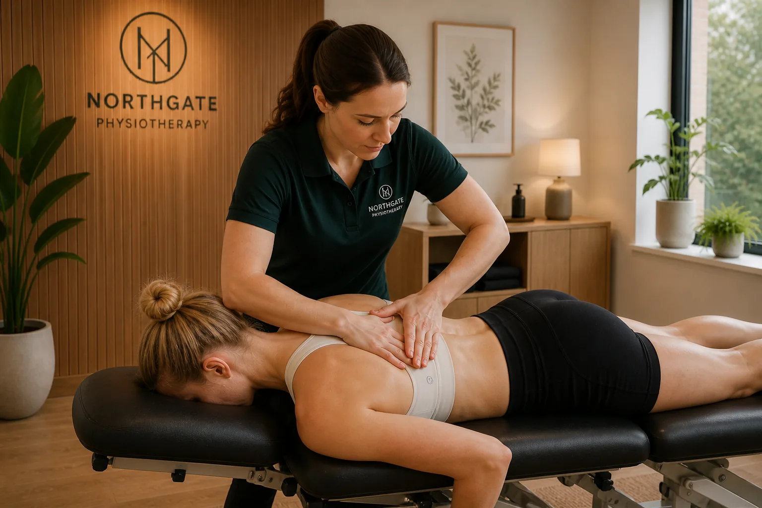 A Northgate physiotherapist treating a patient on the table, with the clinic's wall-mounted monogram visible in the background